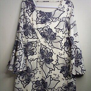 Pink Owl Dress Women M 3/4 Bell Sleeve Floral Pattern Feminine Cream Black